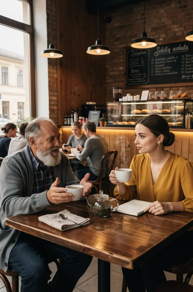 Puodelis žolelių arbatos ant darbo stalo su užrašų knygele ir akiniu, skatinantis sąmoningą pertrauką.