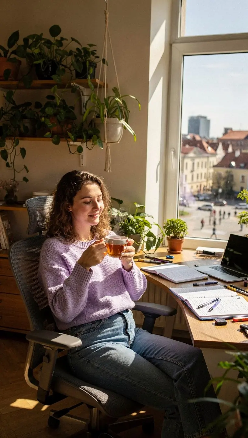 Žmogus užsiima meditacija su arbatos puodeliu šalia, pabrėžiant sąmoningus įpročius darbo dienos metu.